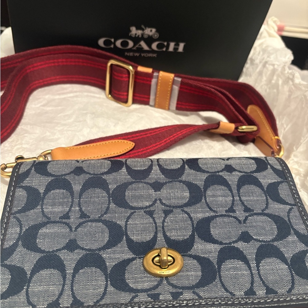 Coach Blue Signature Canvas Crossbody with Red Striped Strap